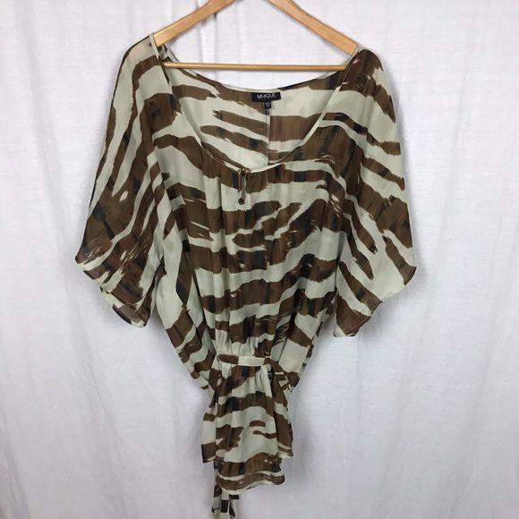 Unique Spectrum Women's Zebra Striped Button Front Blouse Tie Waist Size 1X - Picture 1 of 6
